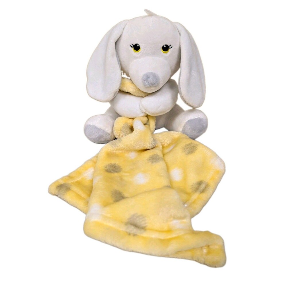 NWOT Little Beginnings White Dog Lovey Plush Stuffed Animal Blanket Yellow Gray